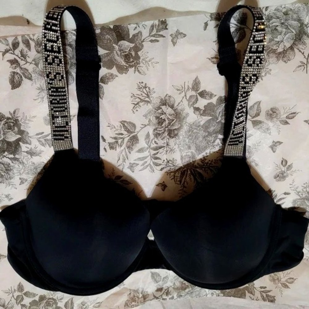 Victoria's Secret Black Crystal Strap Bra VERY SEXY Bombshell Add-2-cups Push-Up